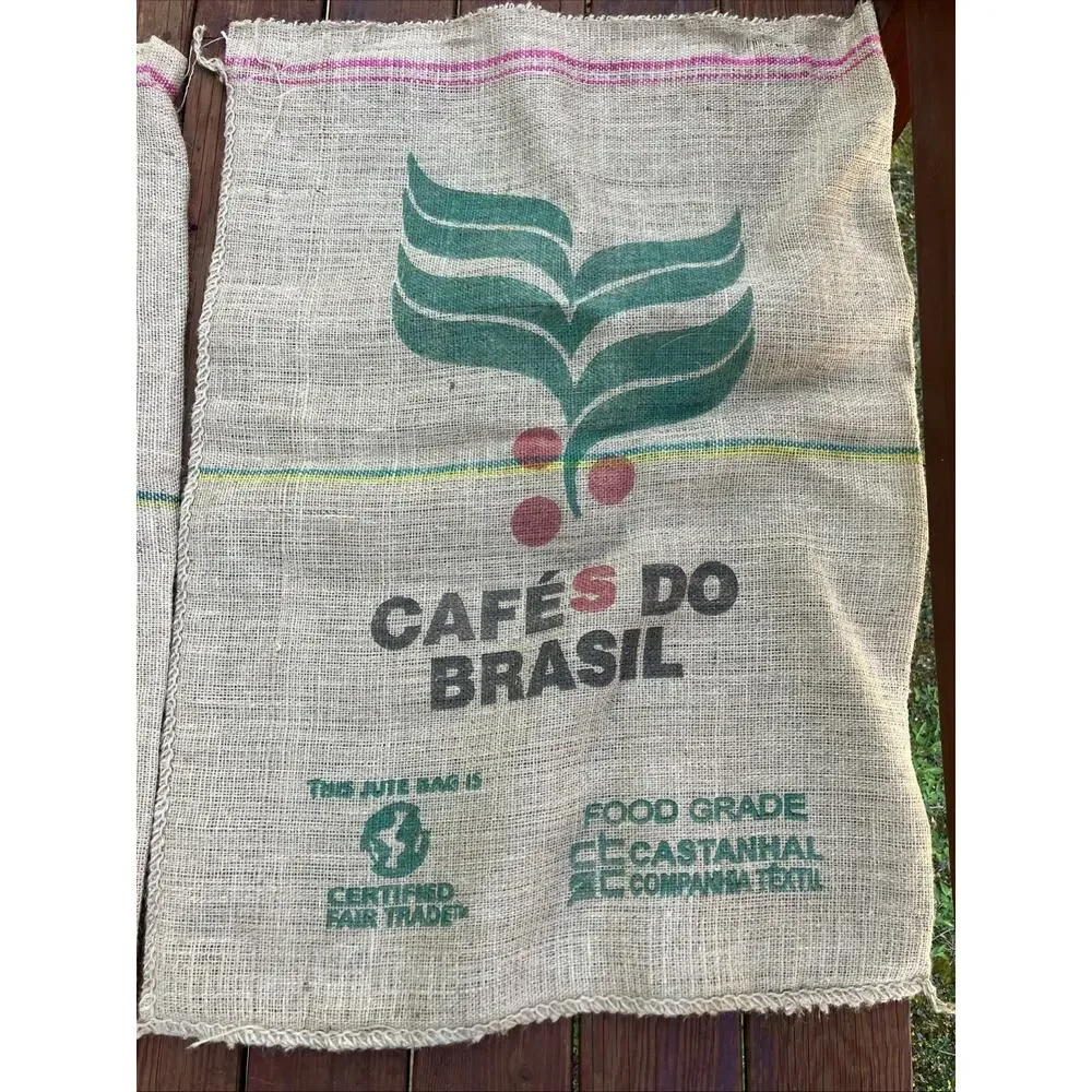 Pair Burlap Coffee Bags Brazil Print Natural Food Grade Jute Fabric Sacks 38X28
